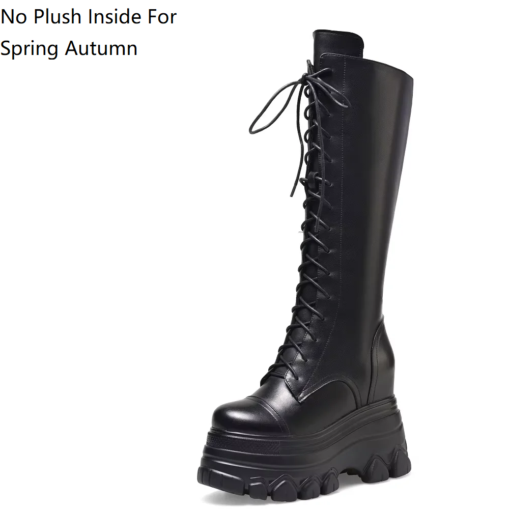 Spring Autumn Winter New Slim 12 CM Height Increasing Platform Cross-tied Genuine Leather Women Knee-High Long Modern Boots 60227