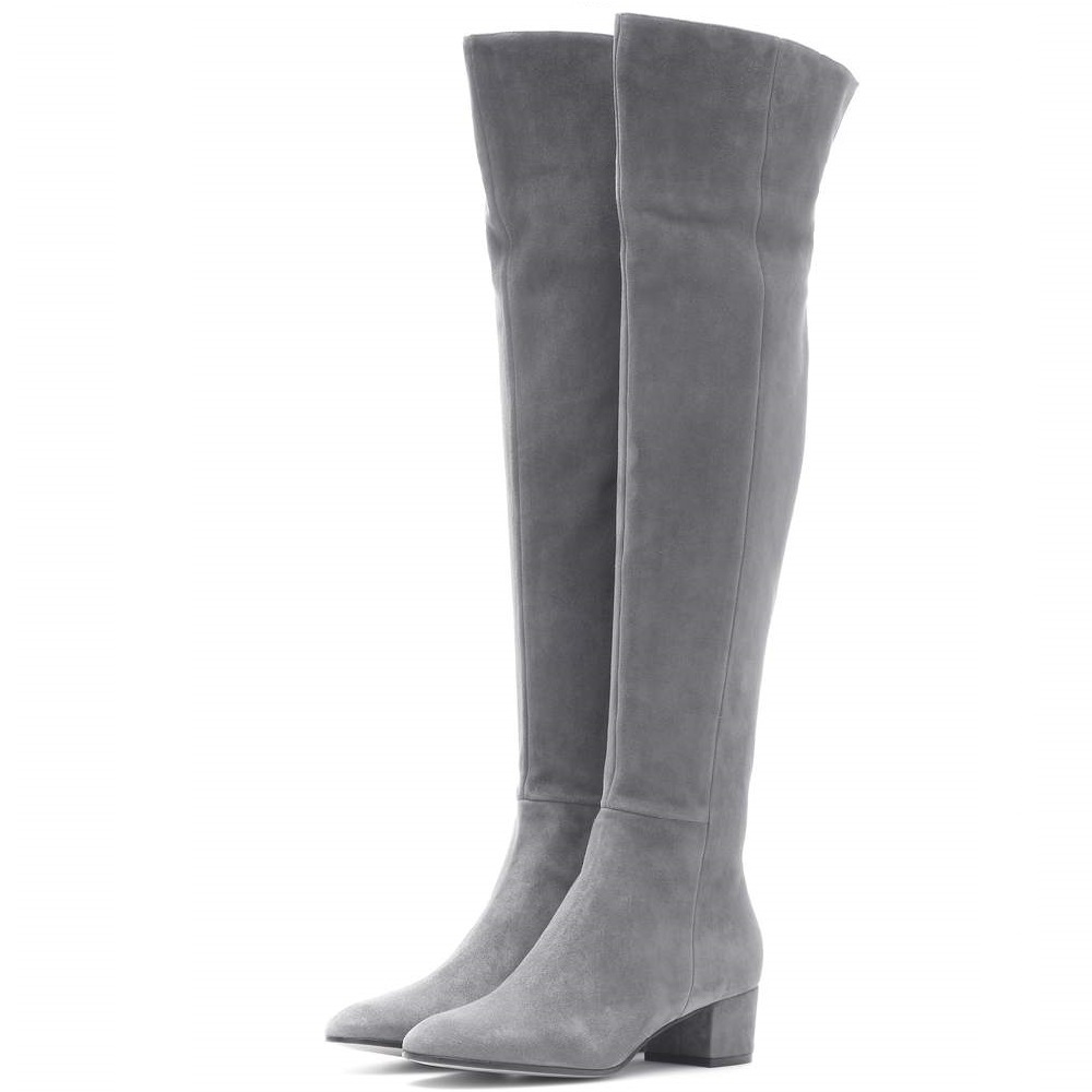 Winter New Fashion Slim 4 CM Thick Heels Pointed Toe Sewing Plush Plus Size 44 45 Cow Suede Women Over-the-Knee Long Modern Boots 60227