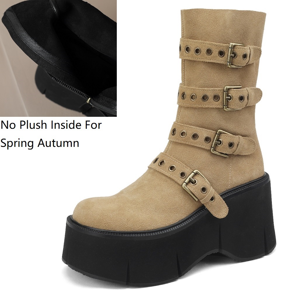 Spring Autumn New Punk Style 9 CM Super High Heels Platform Belt Buckle Genuine Leather Women Mid-Calf Half Modern Boots Winter Plush 60227