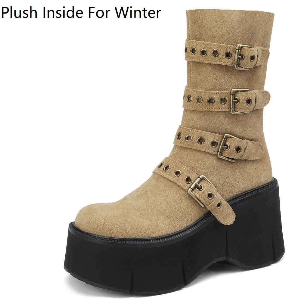 Spring Autumn New Punk Style 9 CM Super High Heels Platform Belt Buckle Genuine Leather Women Mid-Calf Half Modern Boots Winter Plush 60227