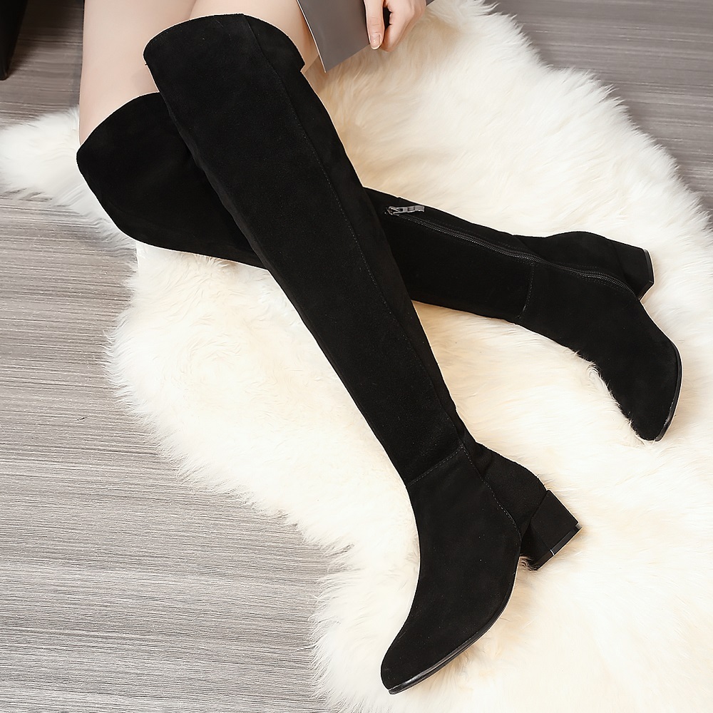 Winter New Fashion Slim 4 CM Thick Heels Pointed Toe Sewing Plush Plus Size 44 45 Cow Suede Women Over-the-Knee Long Modern Boots 60227