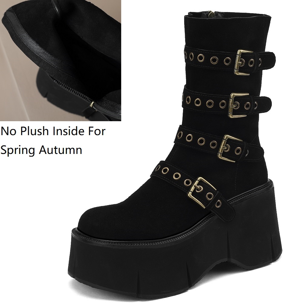 Spring Autumn New Punk Style 9 CM Super High Heels Platform Belt Buckle Genuine Leather Women Mid-Calf Half Modern Boots Winter Plush 60227