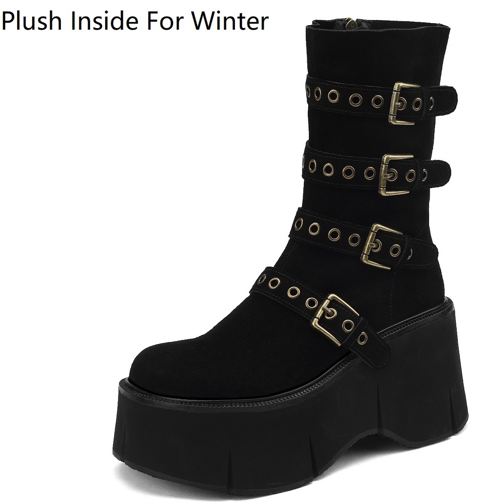 Spring Autumn New Punk Style 9 CM Super High Heels Platform Belt Buckle Genuine Leather Women Mid-Calf Half Modern Boots Winter Plush 60227