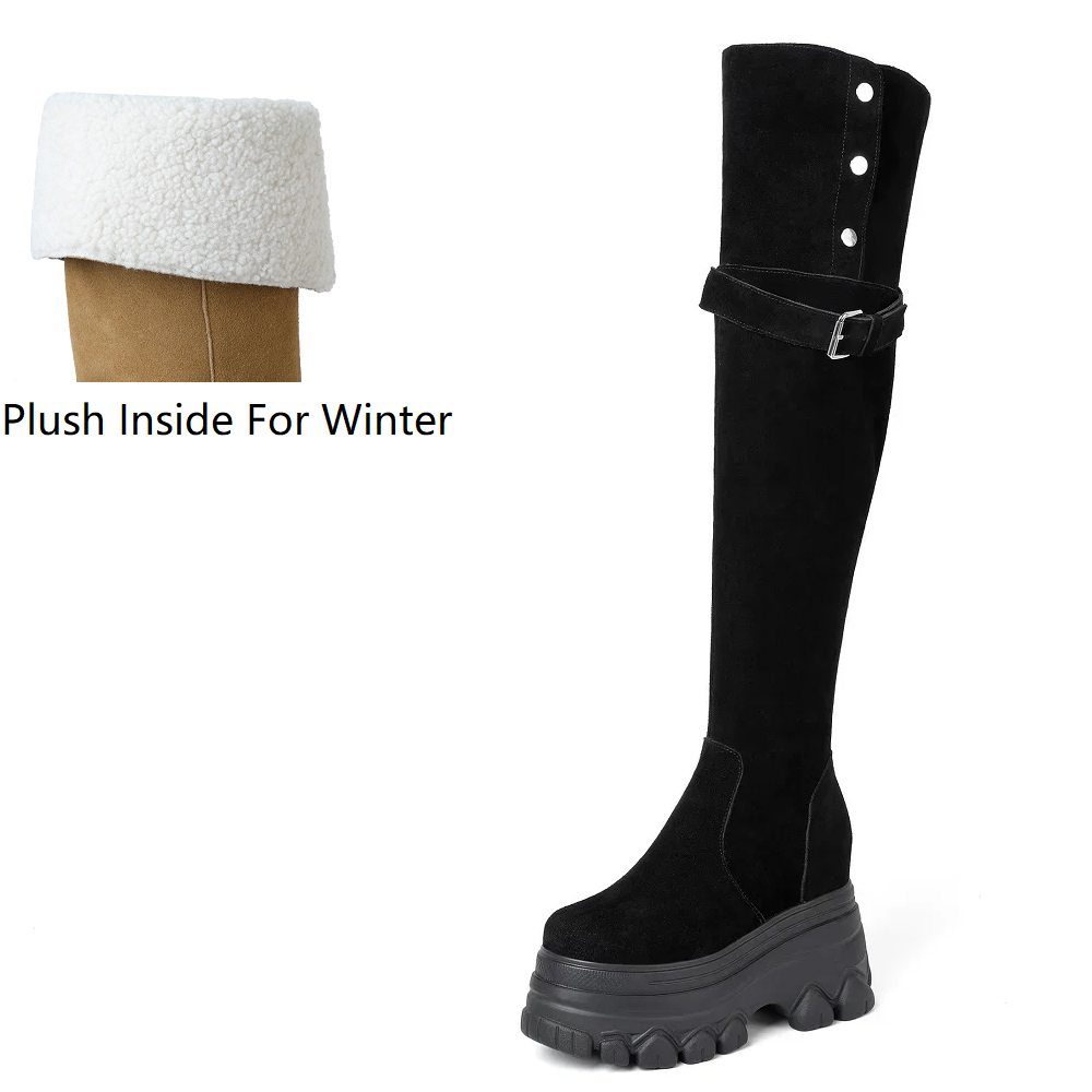 Spring Autumn Winter New Slim 12 CM Height Internal Platform Belt Buckle Button Genuine Leather Women Over-the-Knee Long Stretch Boots 60228