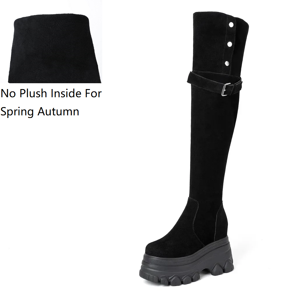 Spring Autumn Winter New Slim 12 CM Height Internal Platform Belt Buckle Button Genuine Leather Women Over-the-Knee Long Stretch Boots 60228