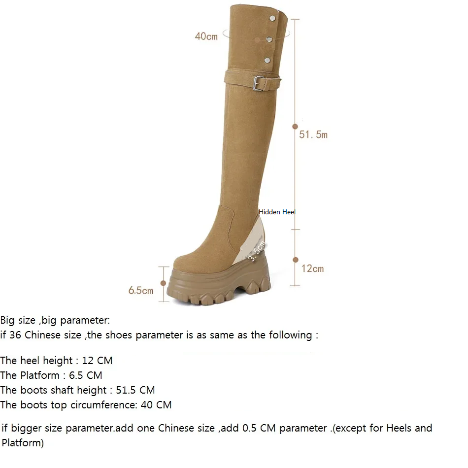 Spring Autumn Winter New Slim 12 CM Height Internal Platform Belt Buckle Button Genuine Leather Women Over-the-Knee Long Stretch Boots 60228