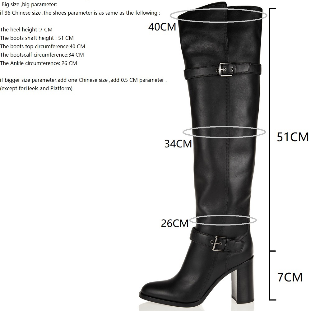 Women Winter Buckle Genuine Leather 7 CM Thick High Heels Boots Belt Buckle Pointed Toe Over The Knee Long Boots Plus Size EU 44 45 60228