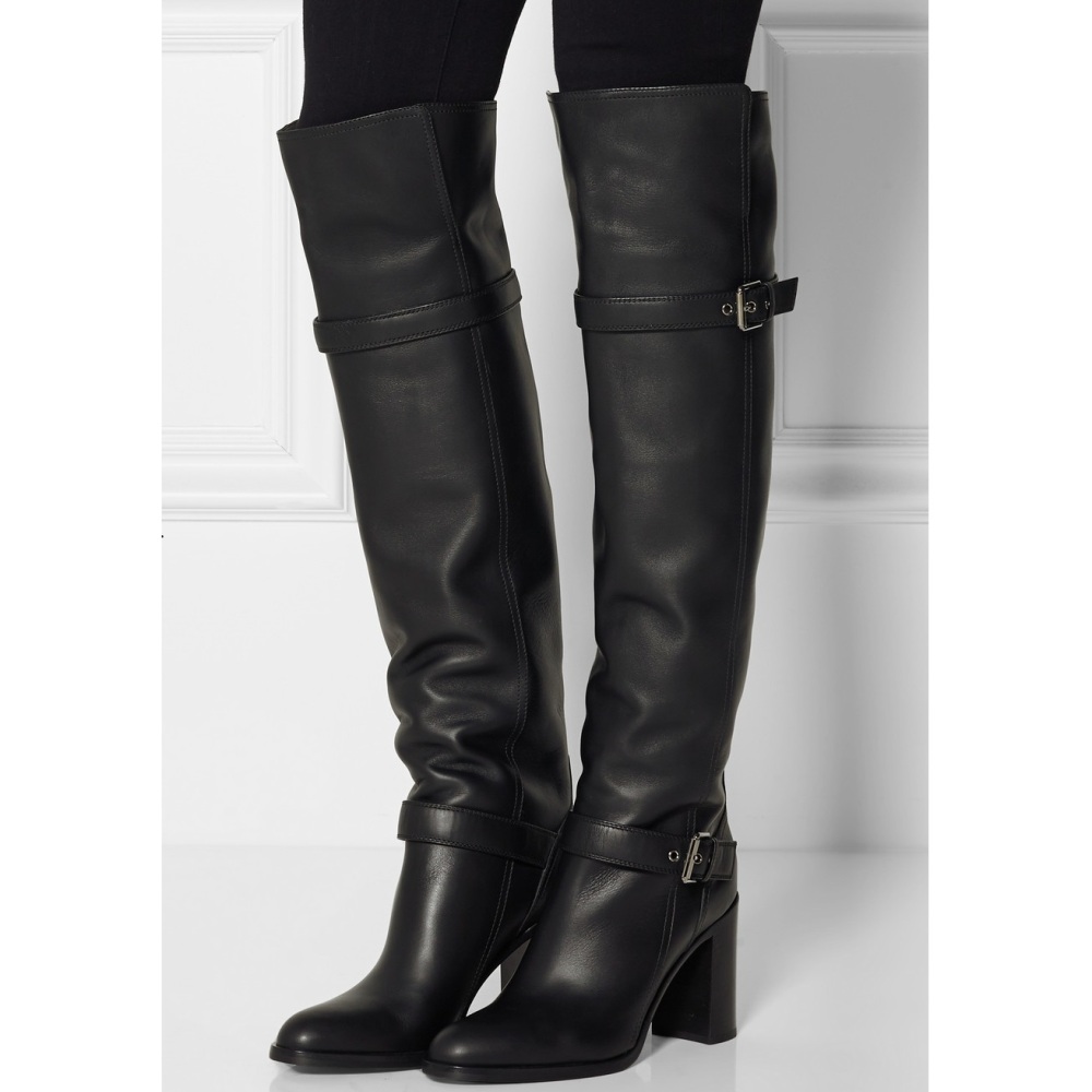 Women Winter Buckle Genuine Leather 7 CM Thick High Heels Boots Belt Buckle Pointed Toe Over The Knee Long Boots Plus Size EU 44 45 60228