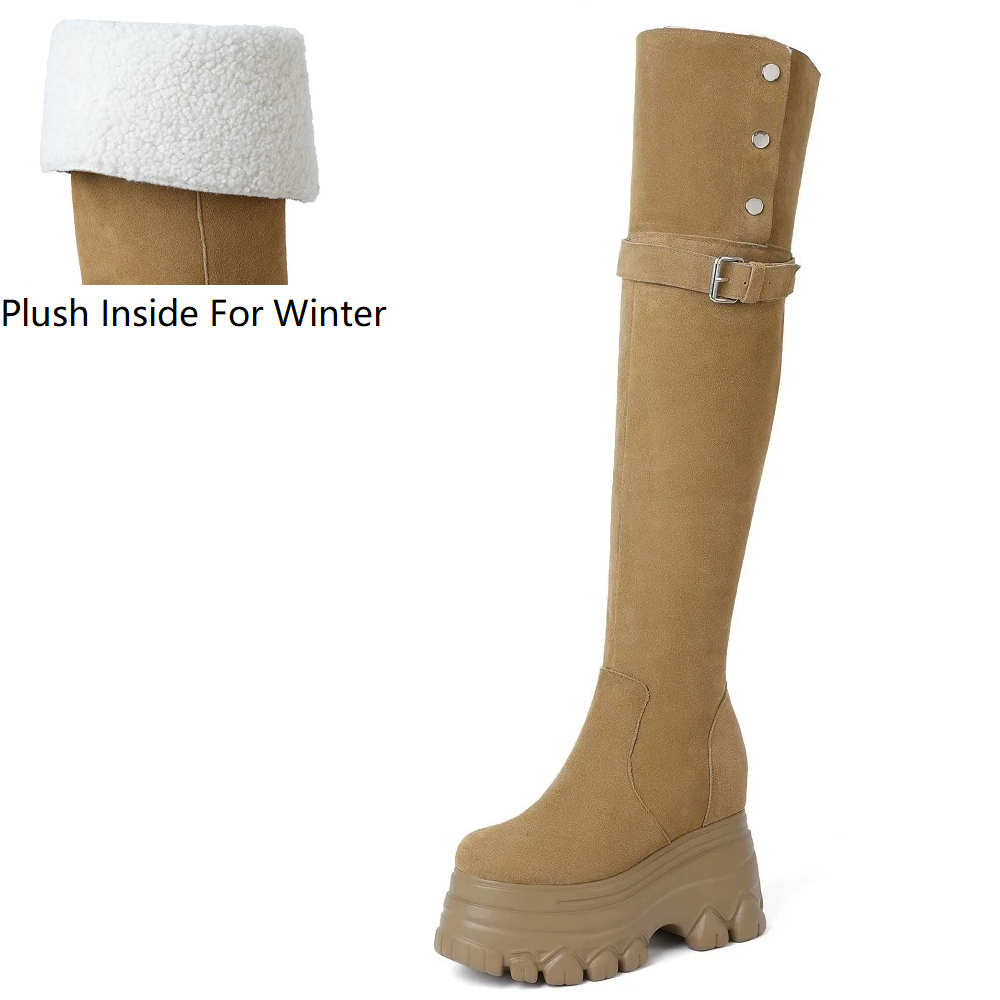 Spring Autumn Winter New Slim 12 CM Height Internal Platform Belt Buckle Button Genuine Leather Women Over-the-Knee Long Stretch Boots 60228