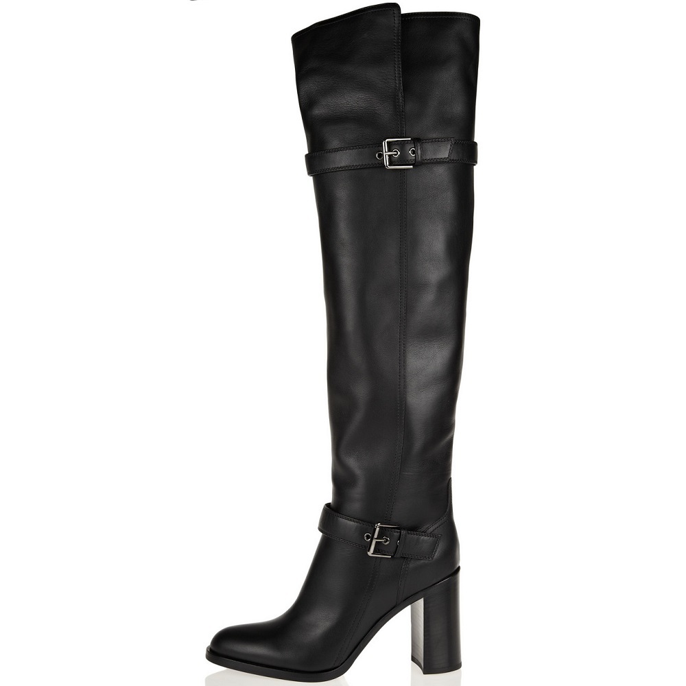 Women Winter Buckle Genuine Leather 7 CM Thick High Heels Boots Belt Buckle Pointed Toe Over The Knee Long Boots Plus Size EU 44 45 60228