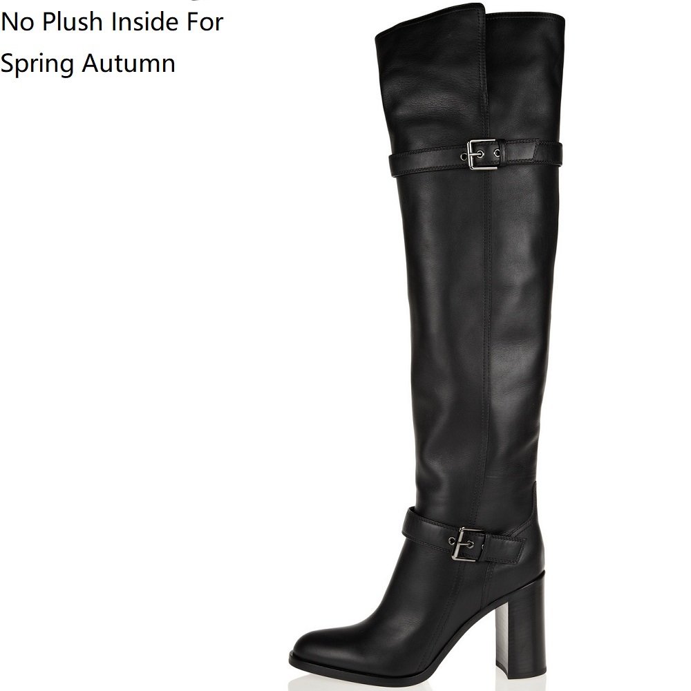Women Winter Buckle Genuine Leather 7 CM Thick High Heels Boots Belt Buckle Pointed Toe Over The Knee Long Boots Plus Size EU 44 45 60228