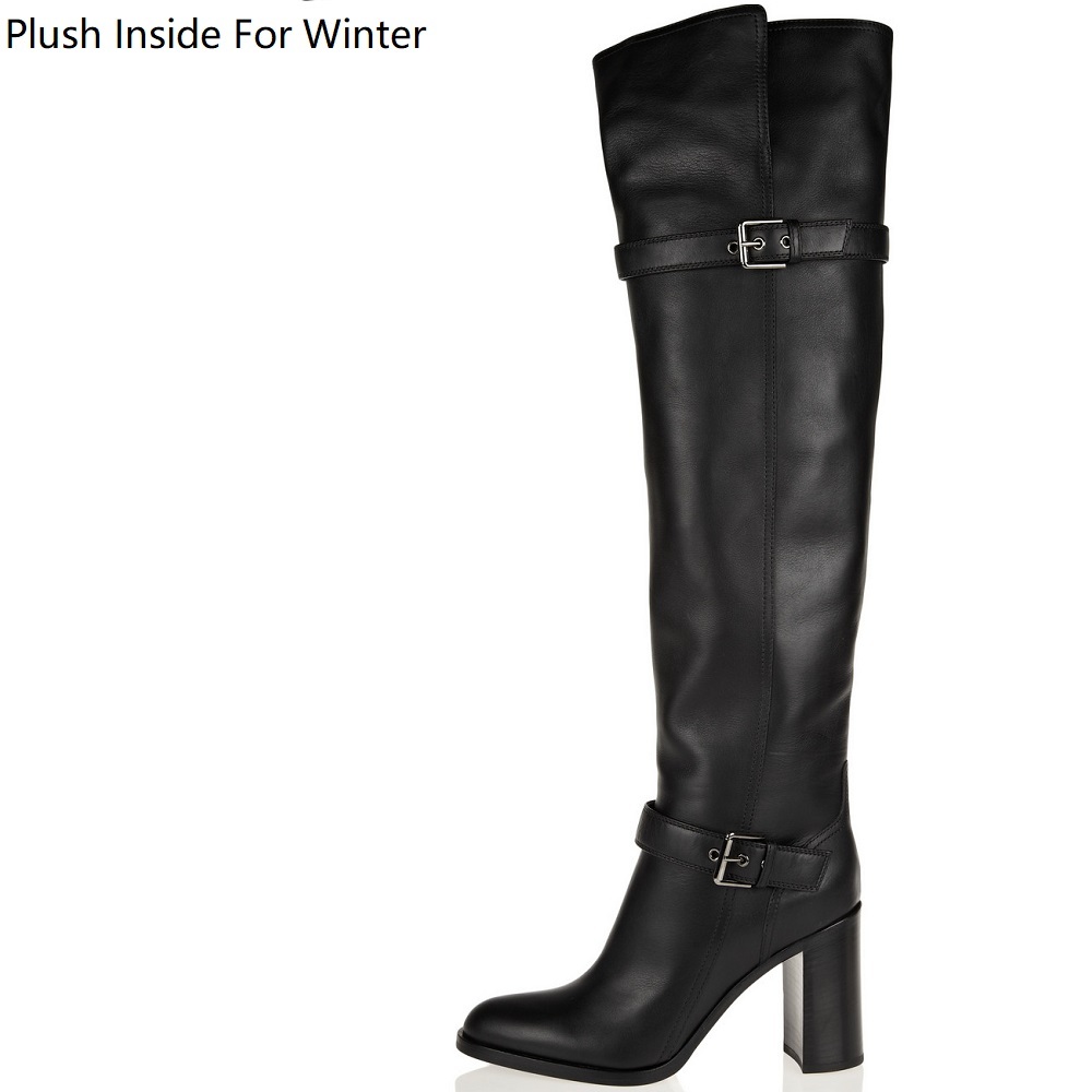 Women Winter Buckle Genuine Leather 7 CM Thick High Heels Boots Belt Buckle Pointed Toe Over The Knee Long Boots Plus Size EU 44 45 60228