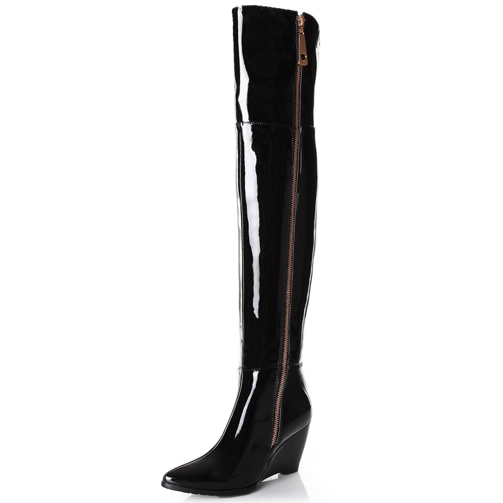 New Women Wedges Genuine Leather Pointed Toe 7 CM High Heel Wedges Side Zipper Winter Short Plush Fashion Over The Knee Boots Plus Size 41-45 60228