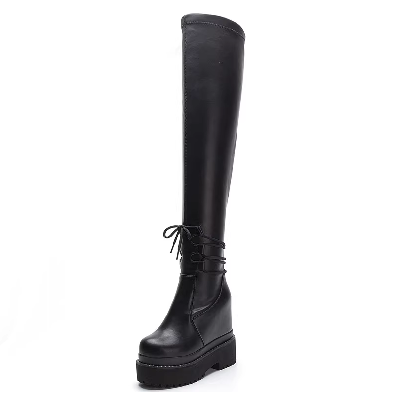 Winter New Slim 12 CM Height Increasing Platform Wedges Cross-tied Genuine Leather Cross-Tied Women Over-the-Knee Long Stretch Boots 60228