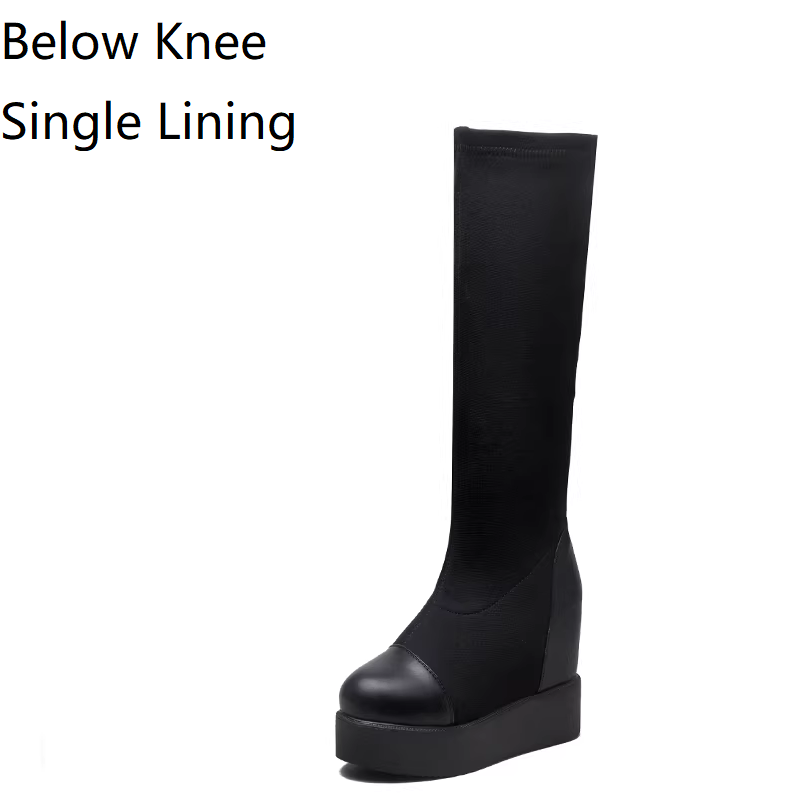 Spring Autumn New Slim 11 CM Height Increasing Platform Stretch Fabric Winter Fleece Lining Women Over-the-Knee Long Boots Summer Peep Toe Boots 60228