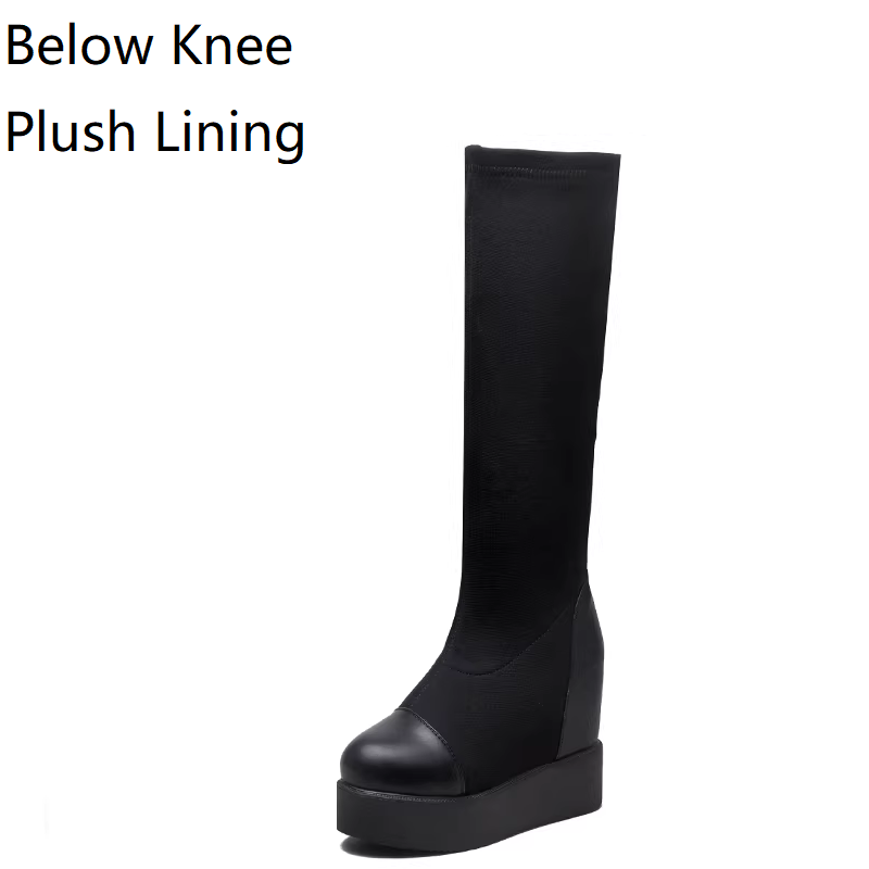 Spring Autumn New Slim 11 CM Height Increasing Platform Stretch Fabric Winter Fleece Lining Women Over-the-Knee Long Boots Summer Peep Toe Boots 60228