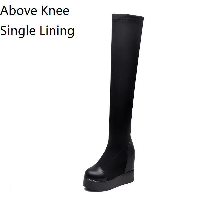 Spring Autumn New Slim 11 CM Height Increasing Platform Stretch Fabric Winter Fleece Lining Women Over-the-Knee Long Boots Summer Peep Toe Boots 60228