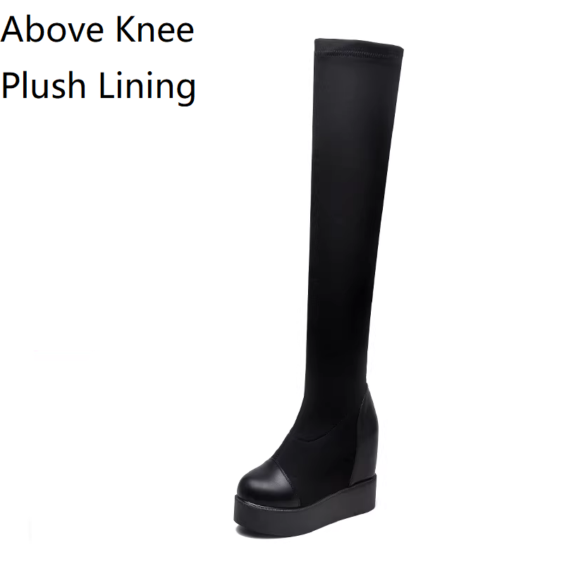 Spring Autumn New Slim 11 CM Height Increasing Platform Stretch Fabric Winter Fleece Lining Women Over-the-Knee Long Boots Summer Peep Toe Boots 60228