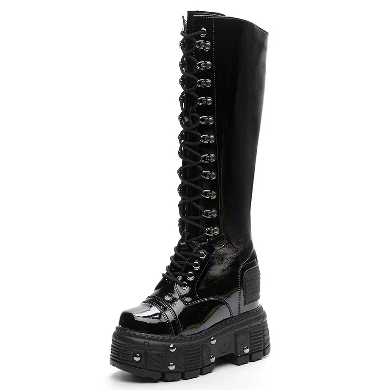 Spring Autumn Winter New Slim 12 CM Height Increasing Platform Rivets Side Zipper Cross-tied Patent Leather Women Knee-High Long Modern Boots 60228