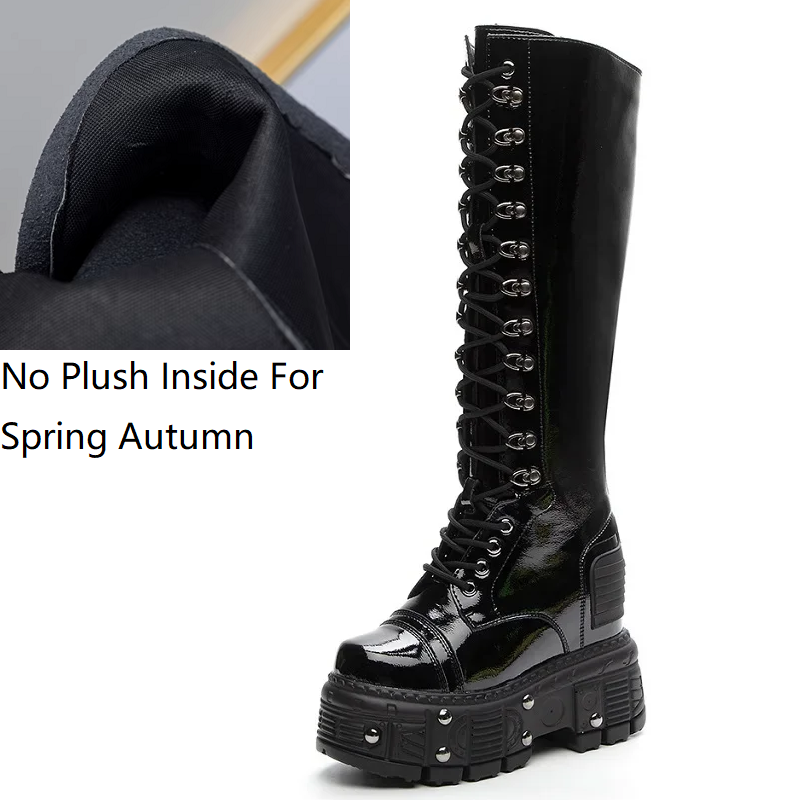 Spring Autumn Winter New Slim 12 CM Height Increasing Platform Rivets Side Zipper Cross-tied Patent Leather Women Knee-High Long Modern Boots 60228