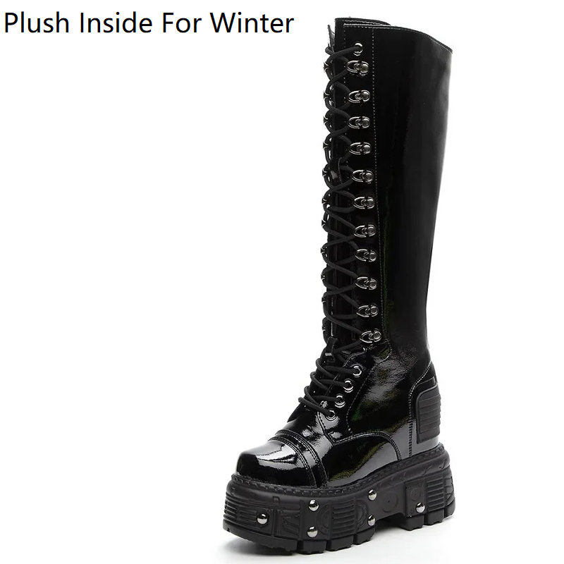 Spring Autumn Winter New Slim 12 CM Height Increasing Platform Rivets Side Zipper Cross-tied Patent Leather Women Knee-High Long Modern Boots 60228