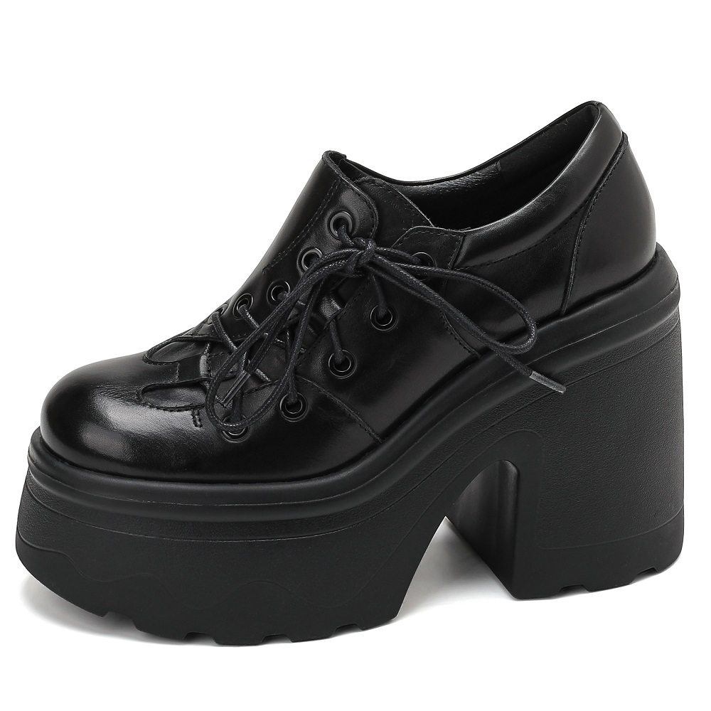 Women's Retro Genuine Leather Lace Up 12 CM Block Heel Platform Shoes Versatile British Style Spring Autumn Slimming Effect 60302