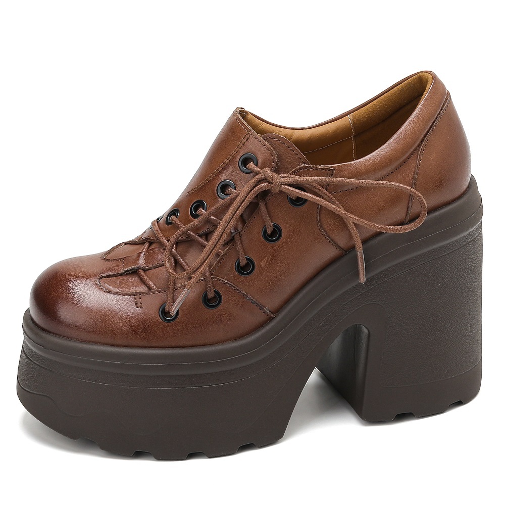 Women's Retro Genuine Leather Lace Up 12 CM Block Heel Platform Shoes Versatile British Style Spring Autumn Slimming Effect 60302