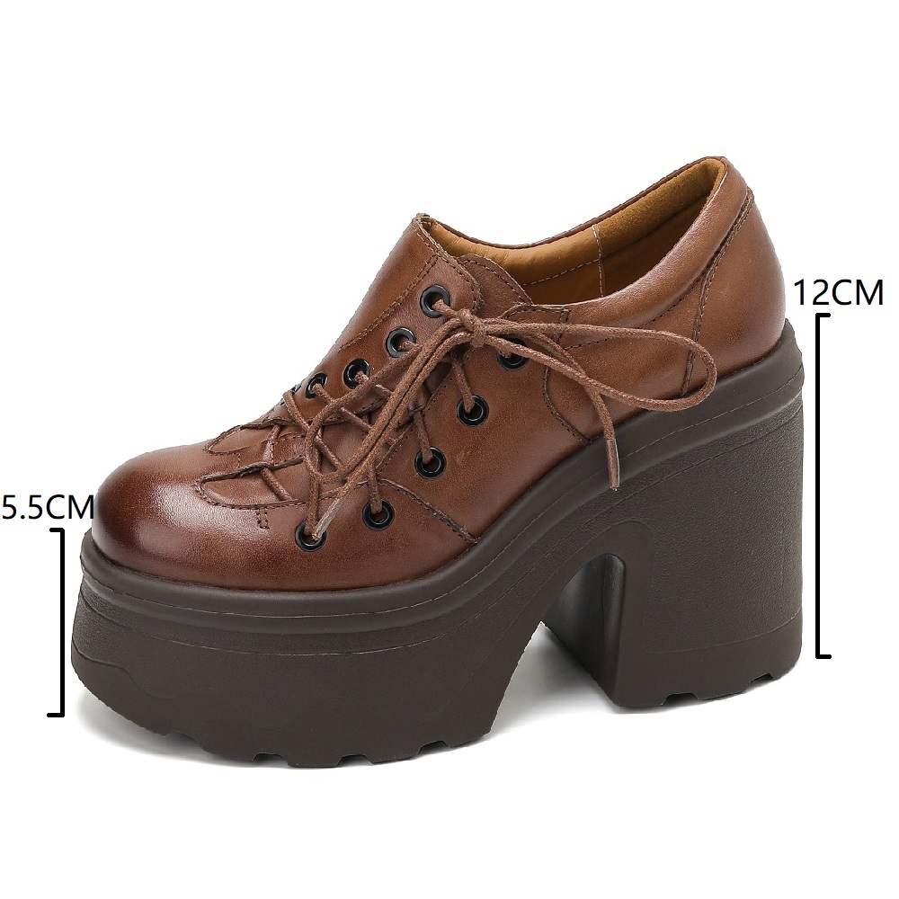 Women's Retro Genuine Leather Lace Up 12 CM Block Heel Platform Shoes Versatile British Style Spring Autumn Slimming Effect 60302