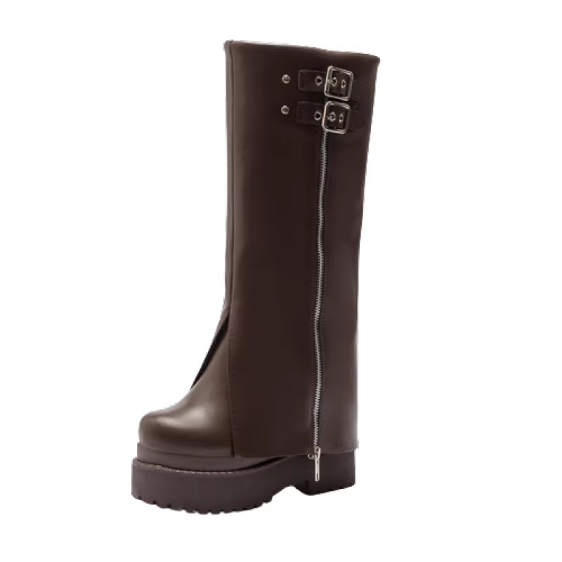 Winter New Punk Style Slim Height Increasing Platform Belt Buckle Rivet Genuine Leather Women Knee-High Long Foldover Boots 2411