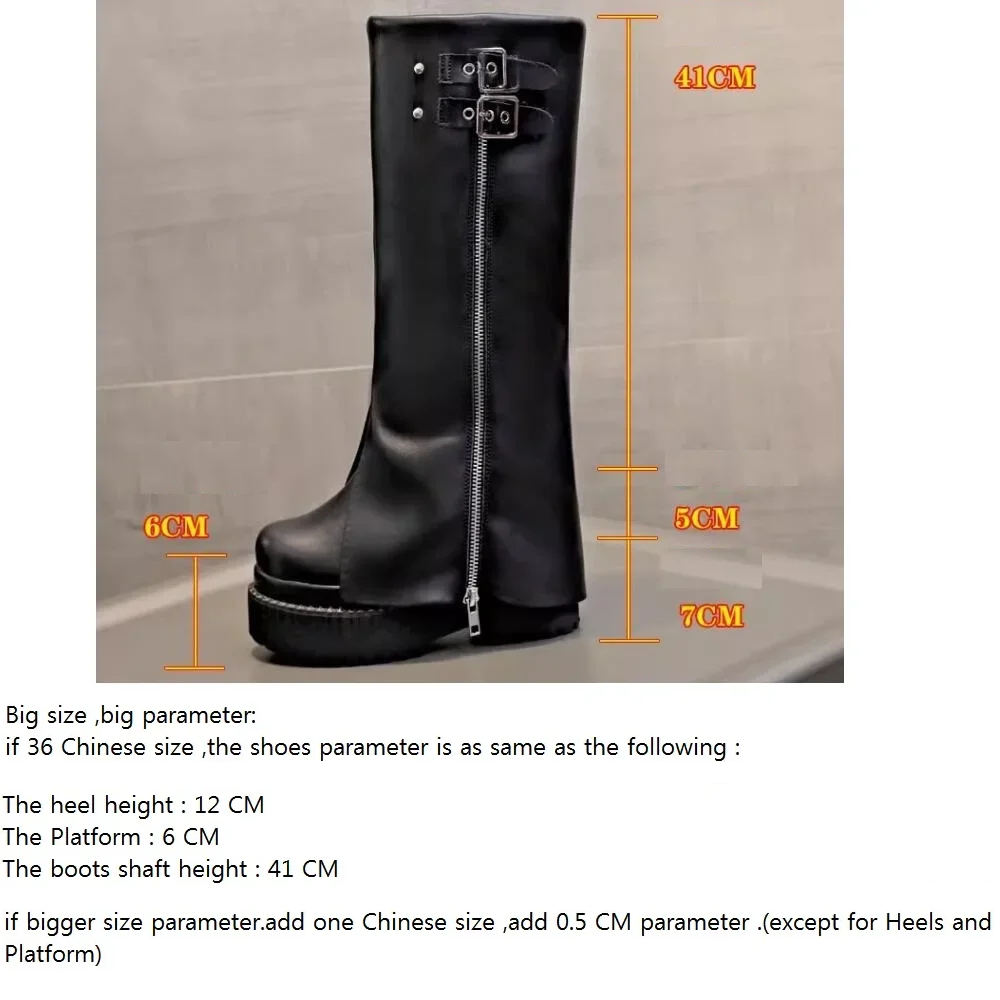 Winter New Punk Style Slim Height Increasing Platform Belt Buckle Rivet Genuine Leather Women Knee-High Long Foldover Boots 2411