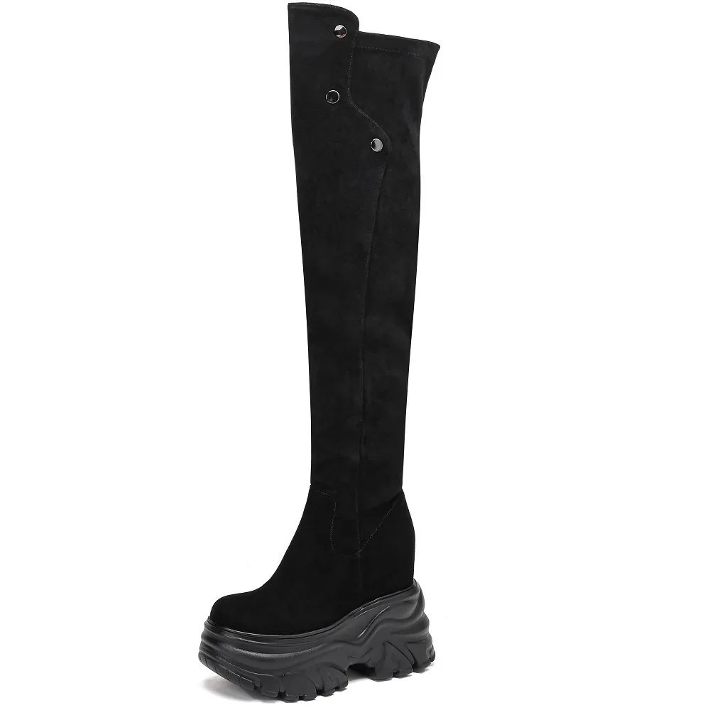 Spring Autumn Winter New Slim 14 CM Height Increasing Platform Genuine Leather Side Zipper Stretch Fabric Women Over-the-Knee Long Modern Boots 60302