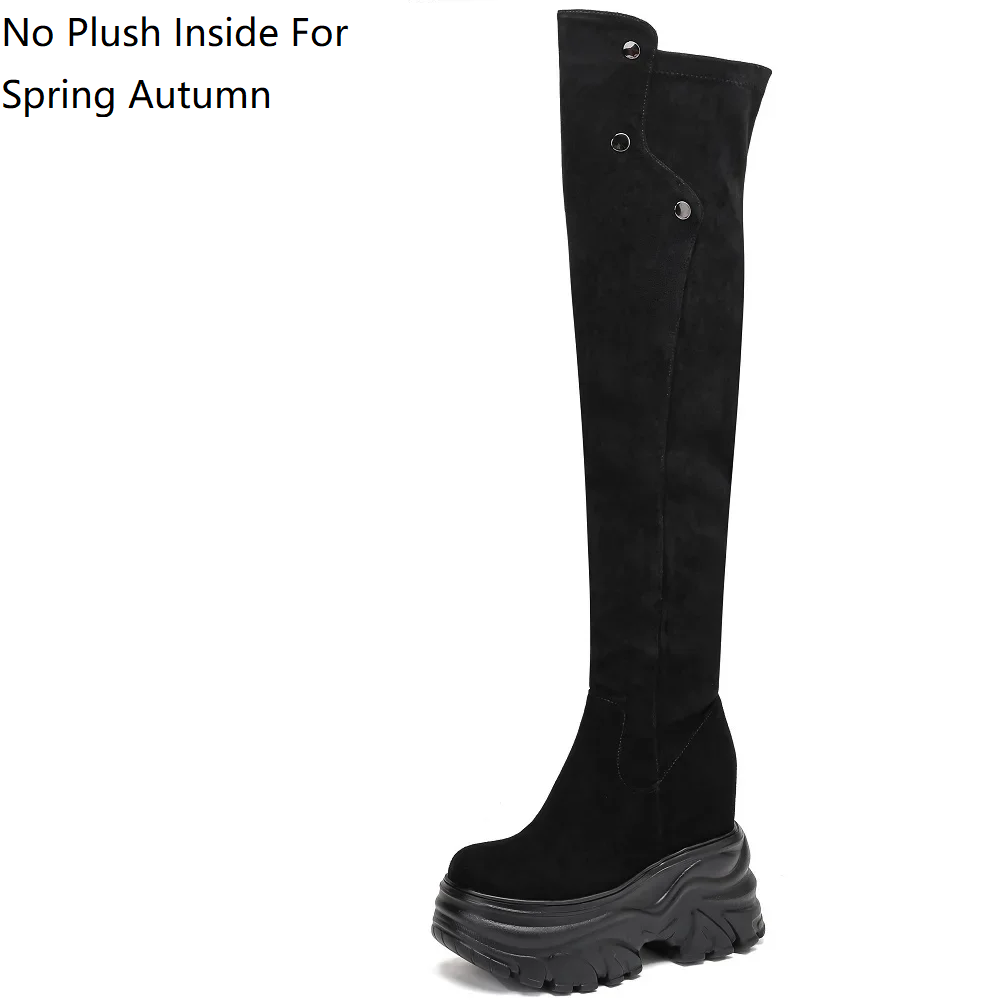 Spring Autumn Winter New Slim 14 CM Height Increasing Platform Genuine Leather Side Zipper Stretch Fabric Women Over-the-Knee Long Modern Boots 60302