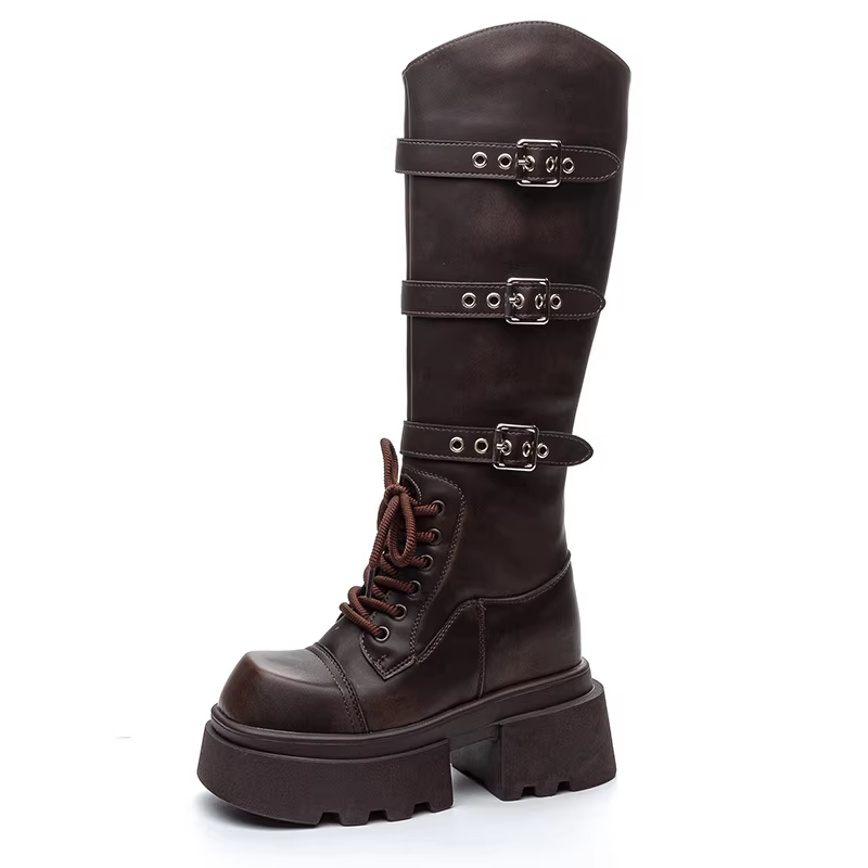 Spring Autumn New Punk Style 12 CM Height Increasing Platform Belt Buckle Genuine Leather Women Knee-High Long Equestrian Boots 60302