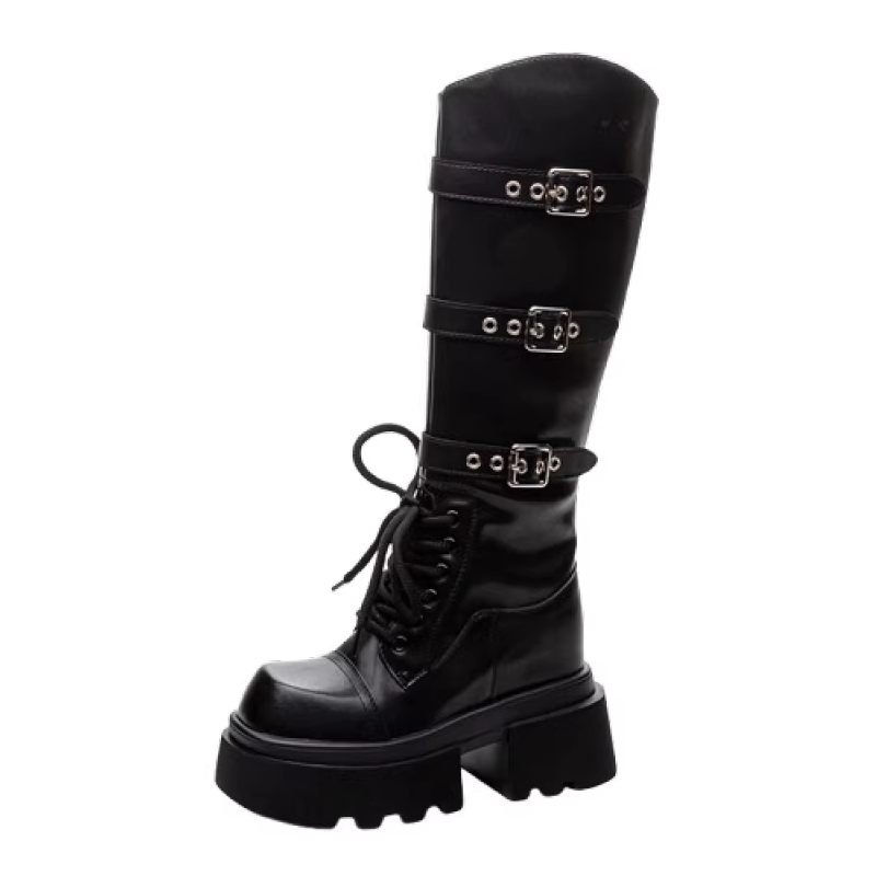 Spring Autumn New Punk Style 12 CM Height Increasing Platform Belt Buckle Genuine Leather Women Knee-High Long Equestrian Boots 60302
