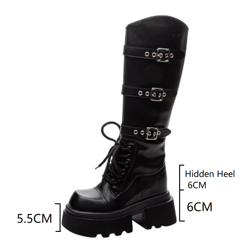 Spring Autumn New Punk Style 12 CM Height Increasing Platform Belt Buckle Genuine Leather Women Knee-High Long Equestrian Boots 60302