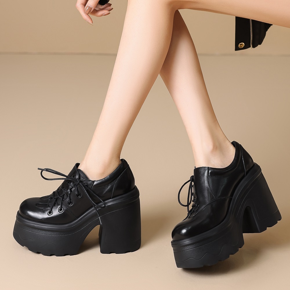 Women's Retro Genuine Leather Lace Up 12 CM Block Heel Platform Shoes Versatile British Style Spring Autumn Slimming Effect 60302