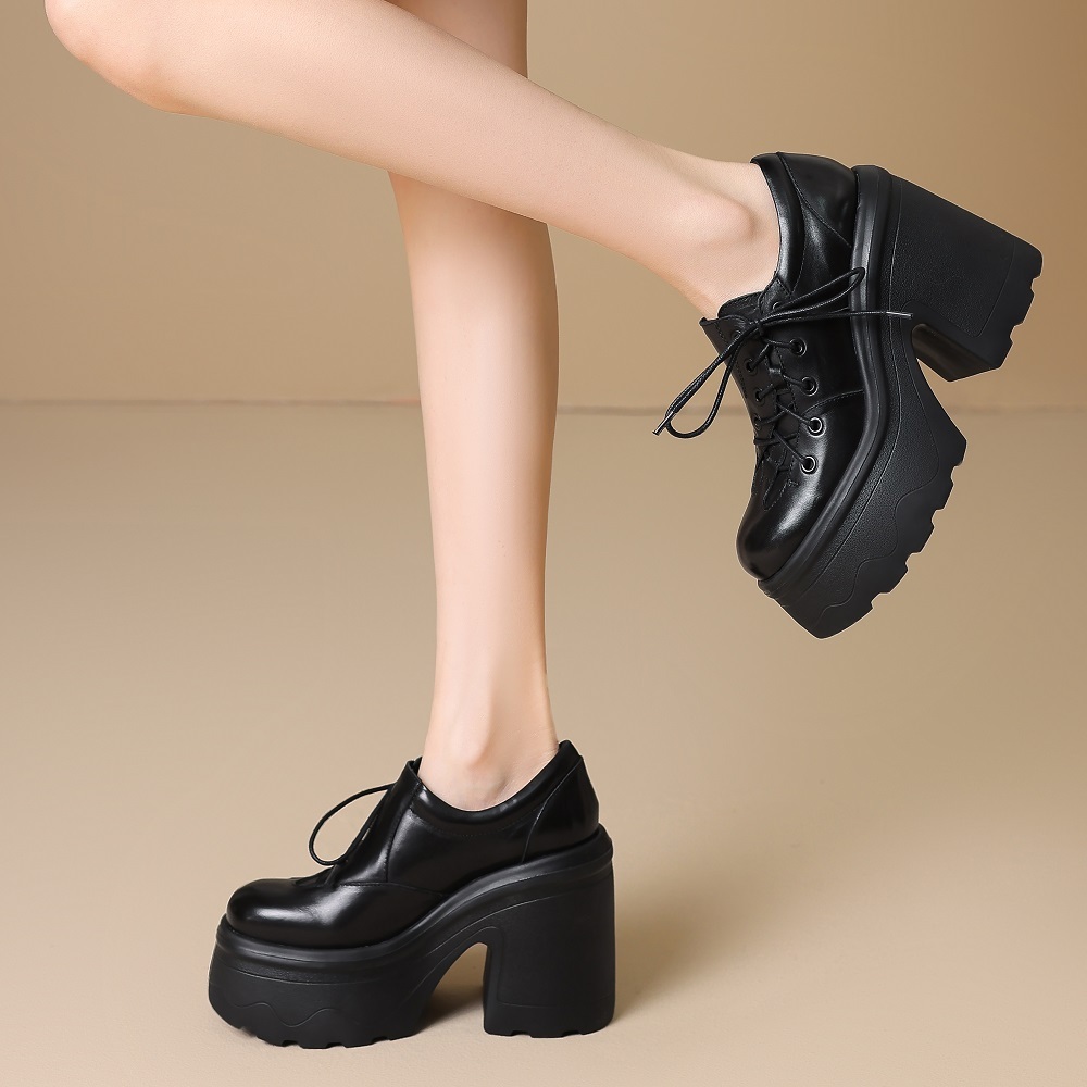 Women's Retro Genuine Leather Lace Up 12 CM Block Heel Platform Shoes Versatile British Style Spring Autumn Slimming Effect 60302
