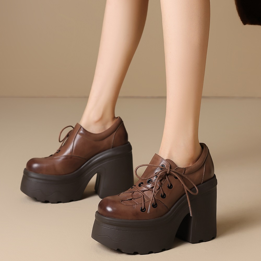 Women's Retro Genuine Leather Lace Up 12 CM Block Heel Platform Shoes Versatile British Style Spring Autumn Slimming Effect 60302