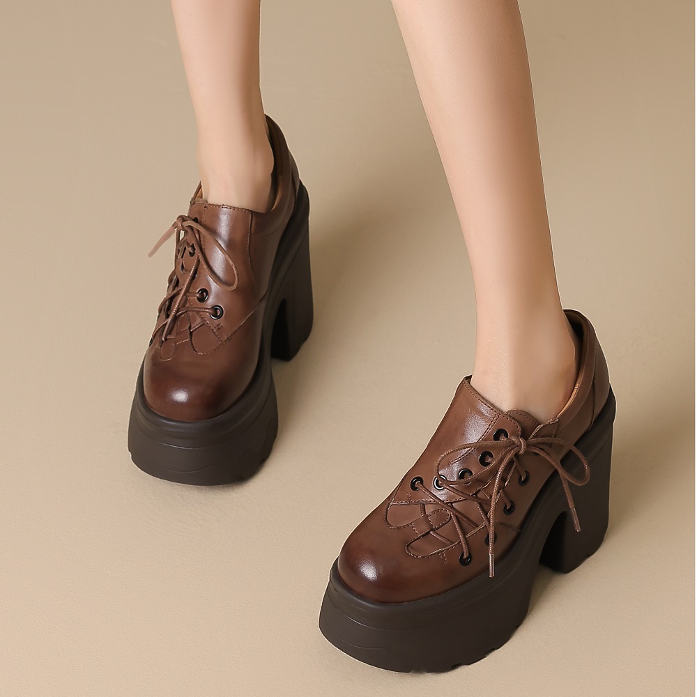 Women's Retro Genuine Leather Lace Up 12 CM Block Heel Platform Shoes Versatile British Style Spring Autumn Slimming Effect 60302