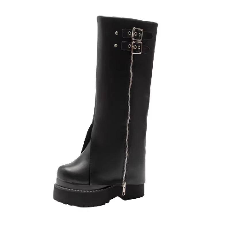 Winter New Punk Style Slim Height Increasing Platform Belt Buckle Rivet Genuine Leather Women Knee-High Long Foldover Boots 2411