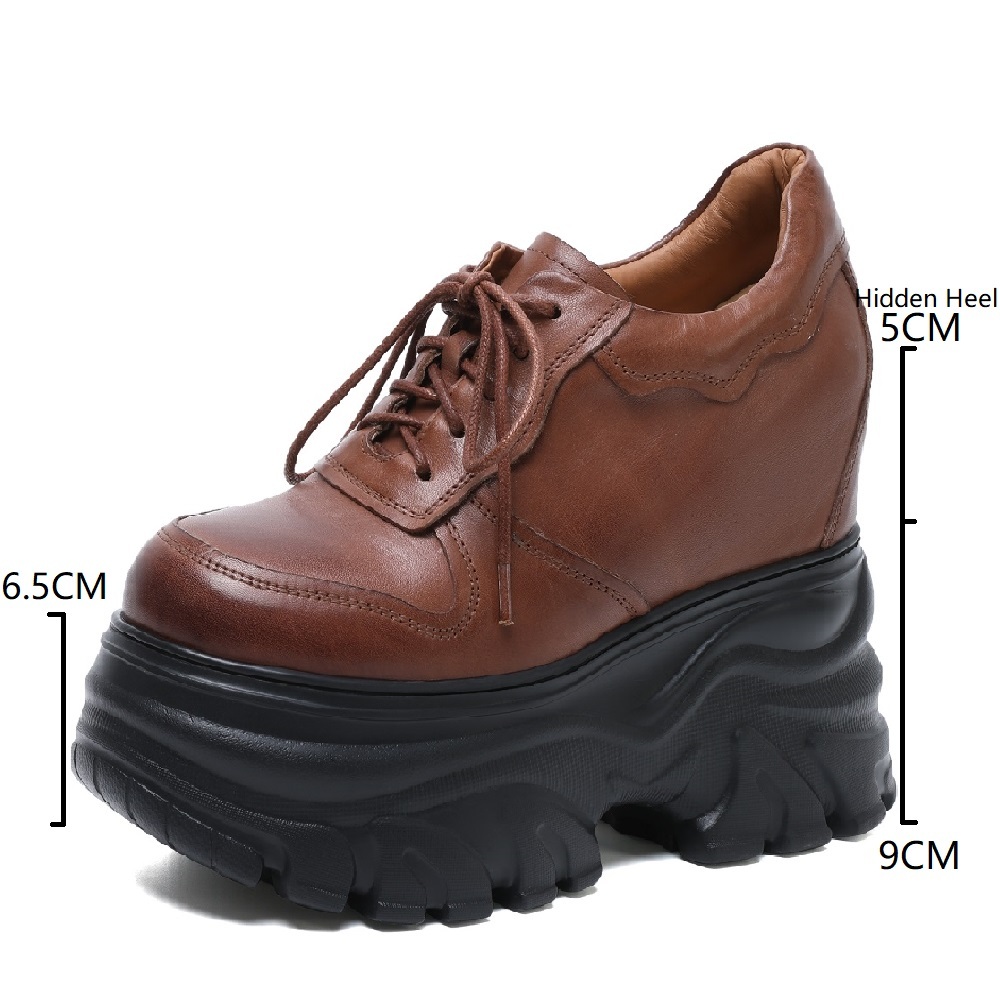Spring Autumn New Arrival Genuine Leather Lace-up Distressed 14 CM Height Increasing Super High Heel Platform Versatile Women's Pumps 60303