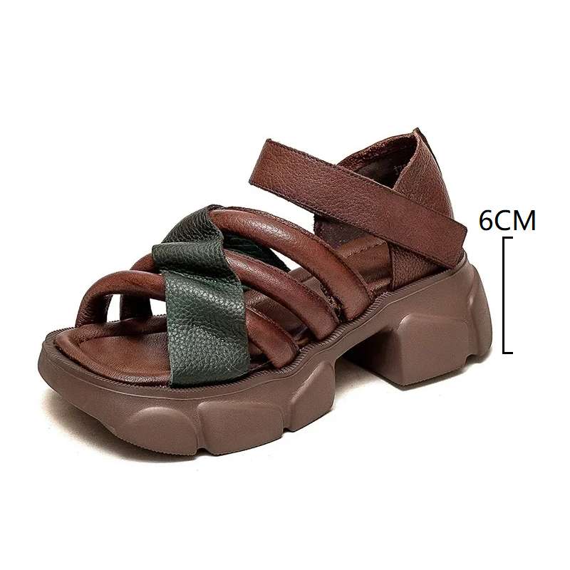 Summer New Retro 6 CM Chunky Bottom Thick Heels Platform Open Toe Mixed Colors Narrow Band Cut Out Genuine Leather Women Gladiator Sandals 60303