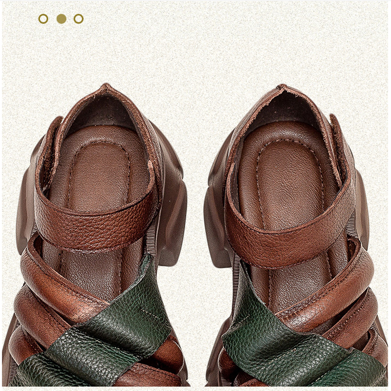 Summer New Retro 6 CM Chunky Bottom Thick Heels Platform Open Toe Mixed Colors Narrow Band Cut Out Genuine Leather Women Gladiator Sandals 60303