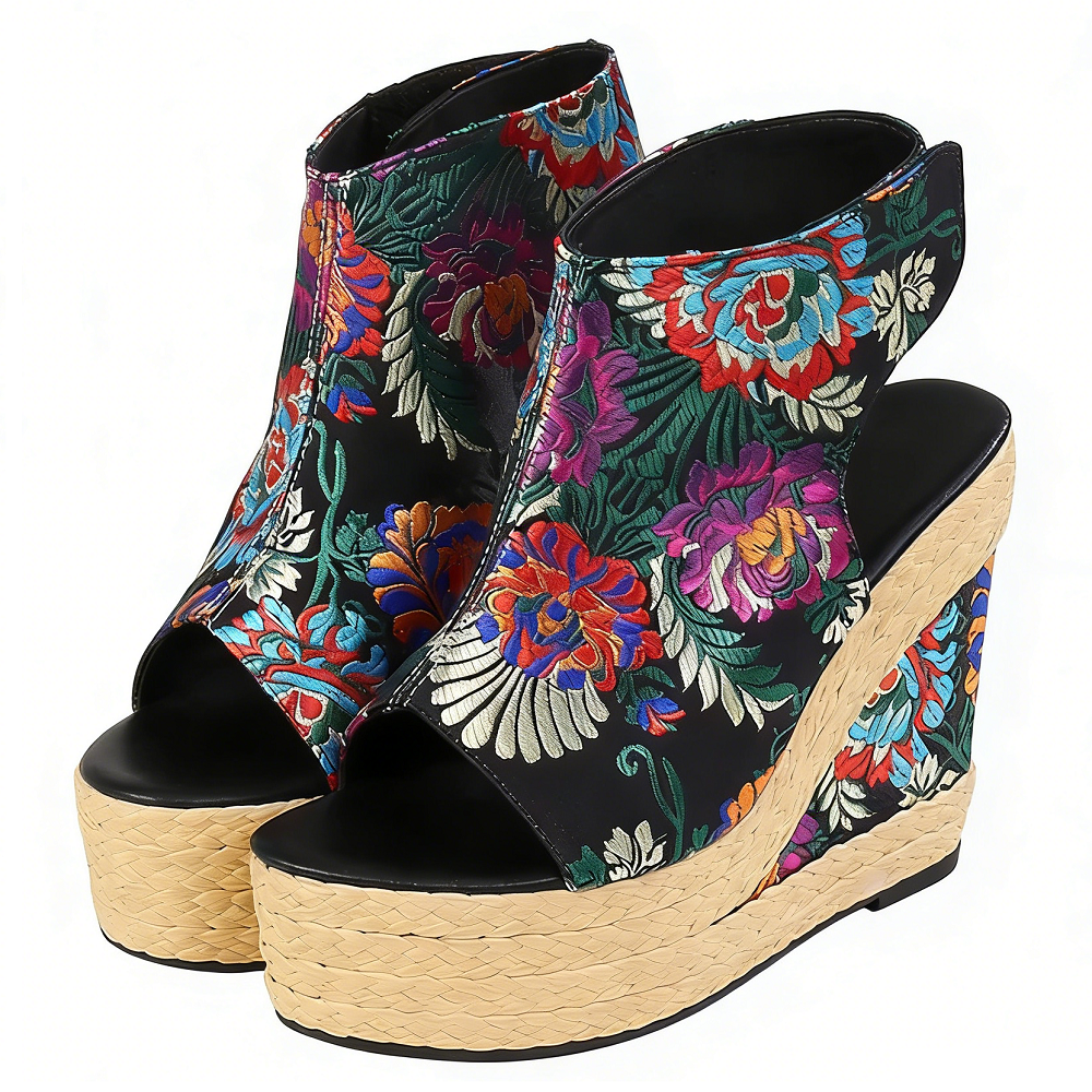 Summer New National Style Slim 12 CM Wedges High Heels Platform Peep Toe Straw Plaited Article Embroider Silk Women Gladiator Sandals 60303