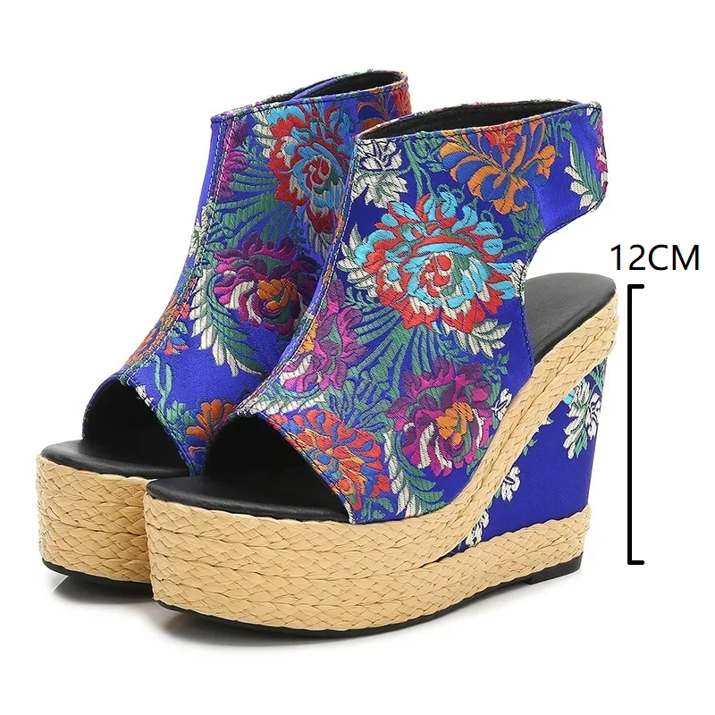 Summer New National Style Slim 12 CM Wedges High Heels Platform Peep Toe Straw Plaited Article Embroider Silk Women Gladiator Sandals 60303
