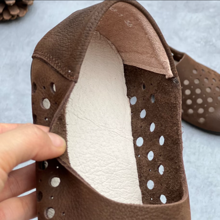 Women Sandals Summer New Retro Chunky Bottom Square Toe Cut Out Hollow Shallow Sewing Patchwork Genuine Leather Ladies Flats 60303