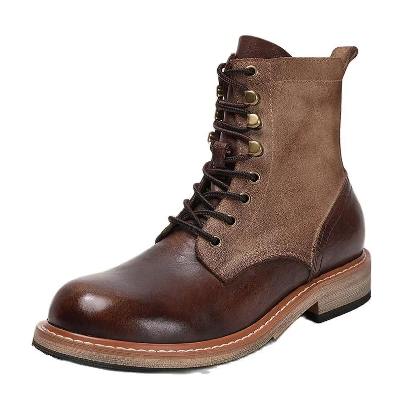 Spring Autumn New British Style Thick Heels Patchwork Rivet Sewing Genuine Leather Men Ankle High Top Motorcycle Boots 60303