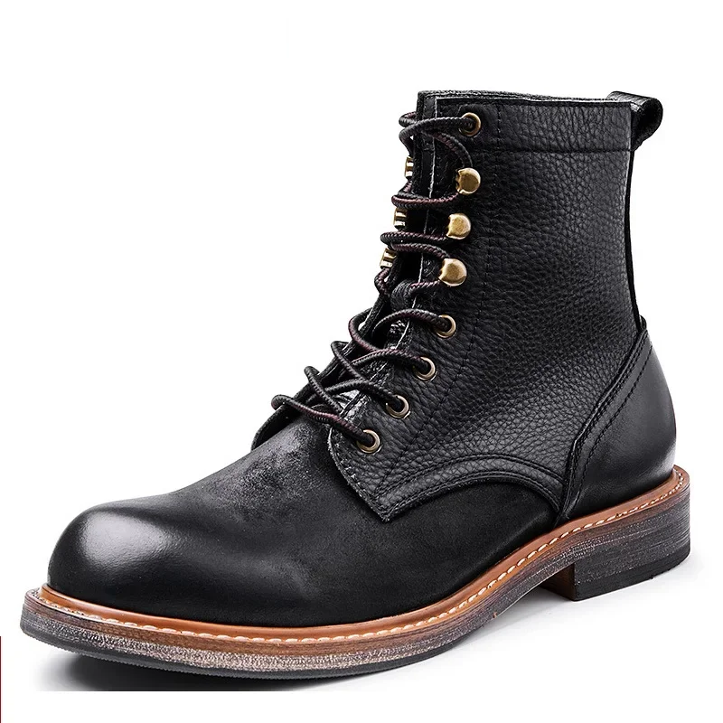 Spring Autumn New British Style Thick Heels Patchwork Rivet Sewing Genuine Leather Men Ankle High Top Motorcycle Boots 60303