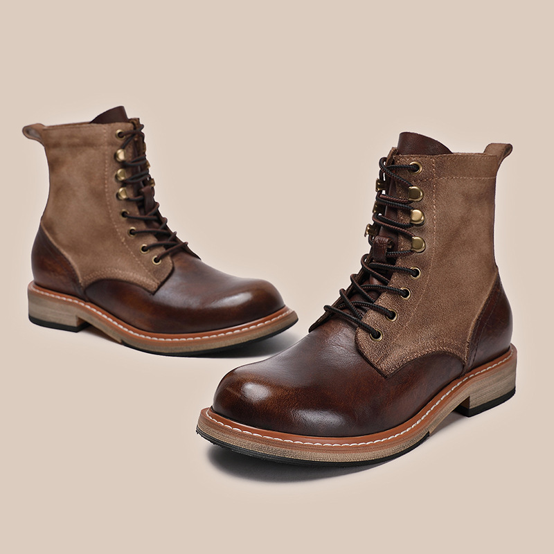 Spring Autumn New British Style Thick Heels Patchwork Rivet Sewing Genuine Leather Men Ankle High Top Motorcycle Boots 60303