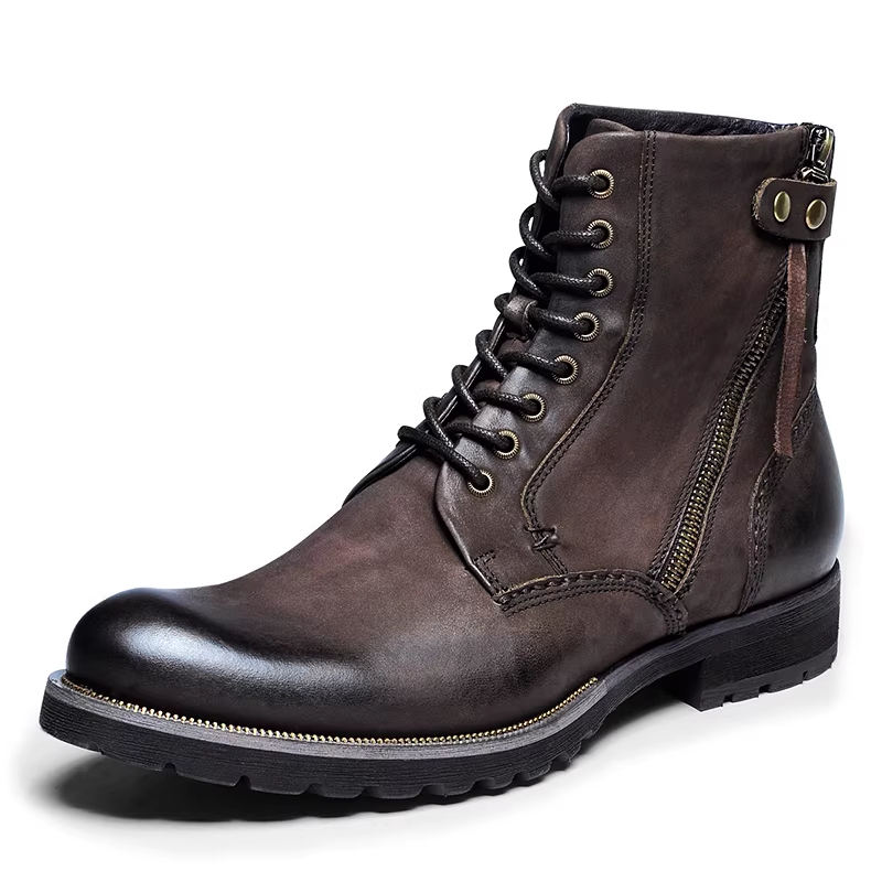 Spring Autumn New British Style Retro Chunky Bottom Rivet Sewing Cross-tied Genuine Leather Men Ankle High Top Motorcycle Boots 60303